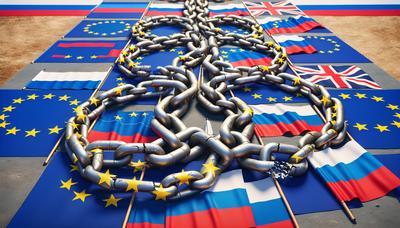 Banderas de la UE con cadenas rotas conectadas a la bandera rusa