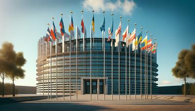 Prédio do Parlamento da UE com bandeiras de sete países.