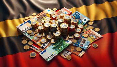 Euro-Banknoten und Münzen auf der deutschen Flagge