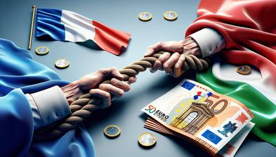 Billetes de euro con banderas de Francia e Italia en un tira y afloja.