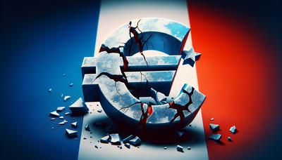 Símbolo del euro agrietado con fondo de la bandera francesa.