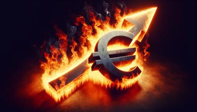 Eurosymbol überlagert mit steigendem Pfeil und Flammen.