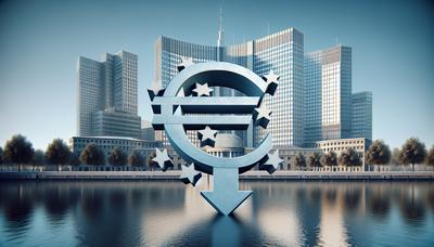 Símbolo do Euro com seta para baixo e edifício do BCE