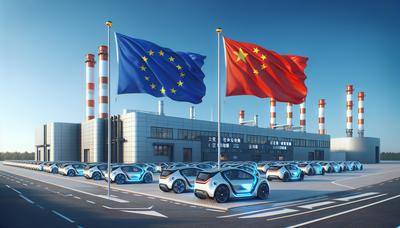 Europäische und chinesische Flaggen über Elektrofahrzeugfabriken