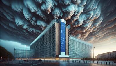 Bâtiment de la Commission européenne avec des nuages orageux sombres au-dessus.