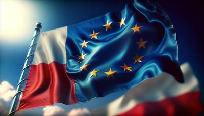 Flaga europejska na pierwszym planie, flaga polska w tle.

