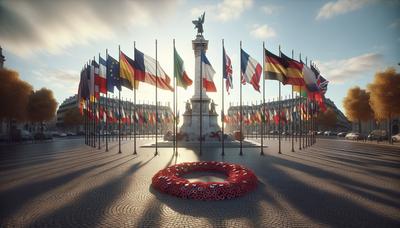 Drapeaux européens et couronne du jour de l'Armistice à Paris.