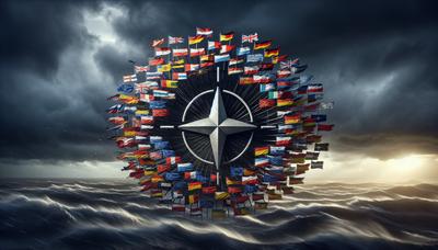 Europäische Flaggen umgeben das NATO-Emblem inmitten stürmischer Himmel.