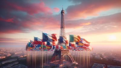 Drapeaux européens flottant près de la Tour Eiffel au crépuscule