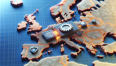 Mappa europea con simboli di intelligenza artificiale e scudo della privacy

