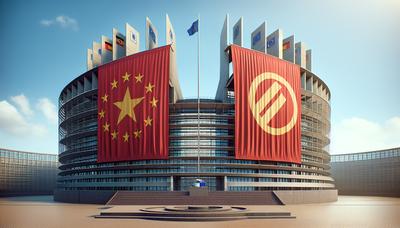 Gebäude des Europäischen Parlaments mit Logos der 5-Sterne-Bewegung und Die Linke