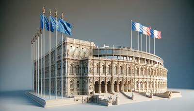 Bâtiment du Parlement européen avec des drapeaux français et européens