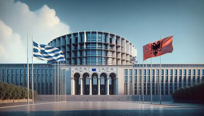 Edificio del Parlamento Europeo con banderas de Grecia y Albania.