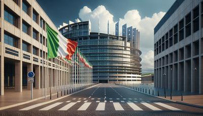 Edificio del Parlamento Europeo con la bandera italiana en primer plano