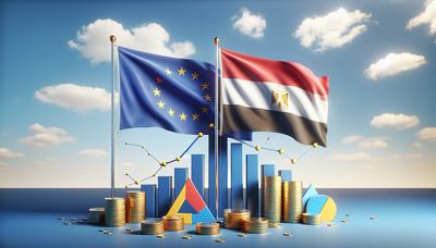 Vlaggen van de Europese Unie en Egypte met economische symbolen.