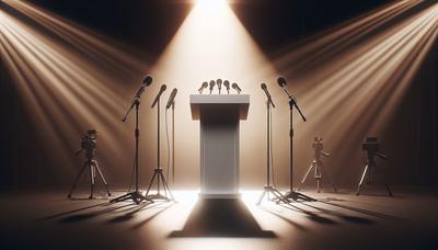 Evenementenpodium met microfoons en intens spotlicht.