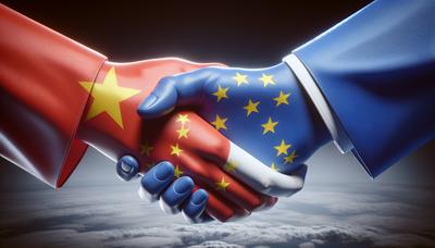 EVs-Flaggen von China und der EU, Handschlagsymbol.