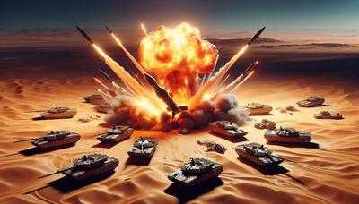 Míssil explodindo sobre o deserto com tanques russos danificados.