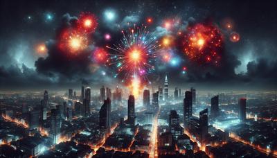 Des fusées explosant dans le ciel nocturne au-dessus du paysage urbain.