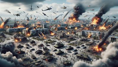 Explosies in Oekraïne met militaire aanwezigheid en brandende gebouwen