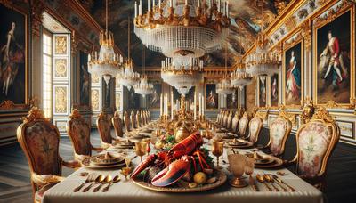 "Cena extravagante de langosta con decoración ornamentada de Versalles"