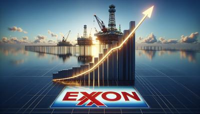 Logo della Exxon con grafico azionario in crescita e piattaforma petrolifera.