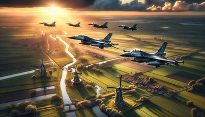 F-16-jets vliegen over het Nederlandse landschap bij zonsondergang.