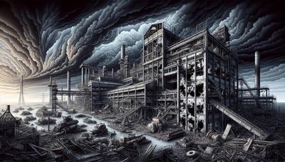 Usine endommagée par l'ouragan sous un ciel orageux.