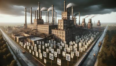 Usine avec des pancartes de protestation et des sombres nuages d'orage