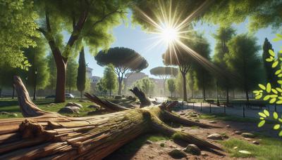 Albero caduto nel parco di Roma in una giornata di sole.