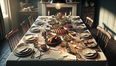 Mesa de jantar em família com notas de agradecimento.