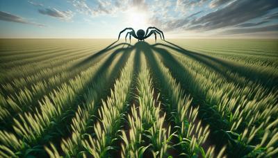 Campo agricolo con ragno ombroso e minaccioso in primo piano.