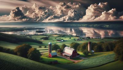 Ferme près du lac Champlain avec de l'eau trouble.