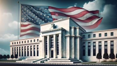 Prédio do Federal Reserve com a bandeira americana ao fundo