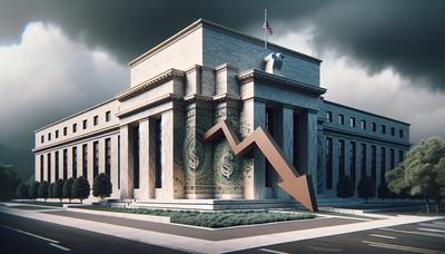 Federal Reserve Gebäude mit abwärts zeigendem Pfeil und Dollarzeichen.