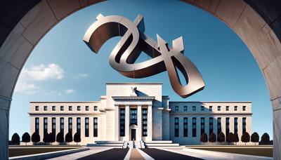 Federal-Reserve-Gebäude mit fallendem Inflation-Symbol.