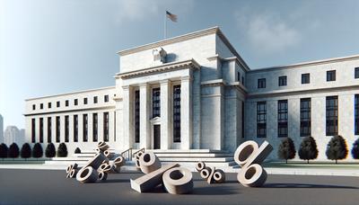 Federaal Reserve gebouw met dalende percentage pictogrammen.