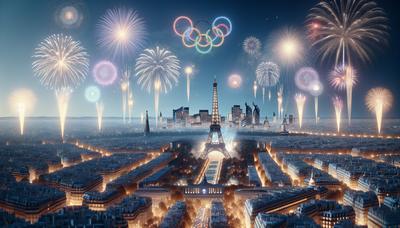 Skyline festif de Paris avec feu d'artifice et symboles olympiques.