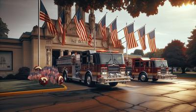 Camions de pompiers et drapeaux devant un funérarium.