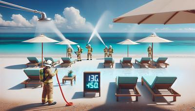 Brandweerlieden spuiten water zonnig strand lounge temperatuurweergave