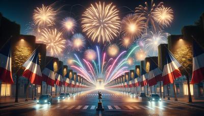 "Feu d'artifice sur les Champs-Élysées avec des drapeaux français flottant."