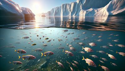 Poissons nageant dans un océan qui se réchauffe avec des icebergs en train de fondre.