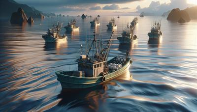 Barcos de pesca cerca de Fukushima con un fondo de océano tranquilo.