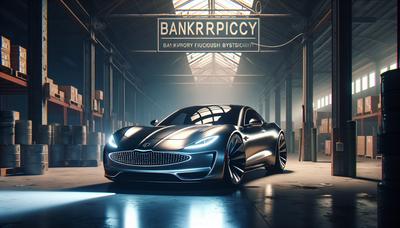 Fisker-Auto in dunklem Lagerhaus mit Bankrott-Schild