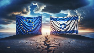 Bandera de Israel y la UE con telón de fondo de tensión diplomática.