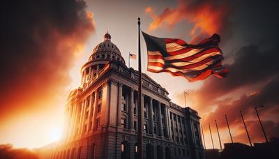 Bandera ondeando frente al edificio del gobierno al atardecer.