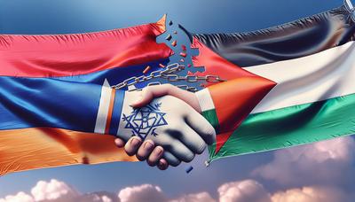 Banderas de Armenia y Palestina con símbolos de tensión diplomática.