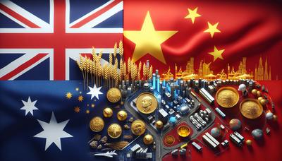 Bandiere dell'Australia e della Cina con simboli economici.