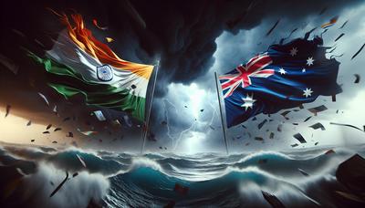 Drapeaux de l'Australie et de l'Inde avec symbolisme de tension.