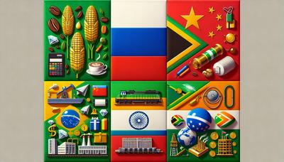 Drapeaux des nations BRICS avec des icônes économiques symboliques.